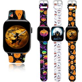 Halloween Holiday Watch Bands 3 Pack Compatible with Apple Watch Band 38mm/40mm/41mm/42mm/44mm/45/49mm for Women Men, Adjustable Soft Silicone Replacement Smartwatch Wristband for iWatch Series8 7 6 5 4 3 2 1 SE 3pack