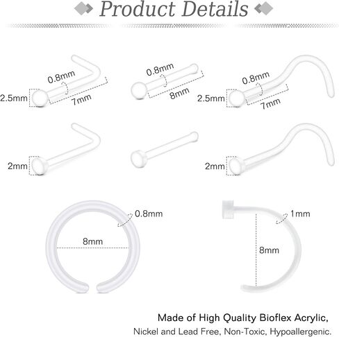 JFORYOU 18-20G Clear Acrylic Nose Ring Bioflex Stud Retainer Nose Piercing Body Jewelry for Men Women in Kuwait