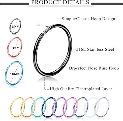 Drperfect 36Pcs 20G Nose Ring Hoop for Women Men 316L Stainless Steel Helix Tragus Lip Septum Ring Cartilage Earring Hoop Piercing Jewelry in Saudi Arabia