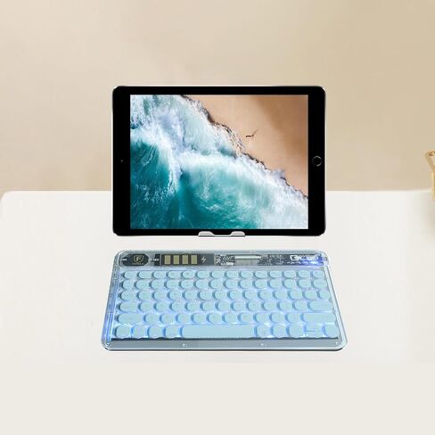 لوحة مفاتيح بلوتوث لاسلكية شفافة بإضاءة RGB، مع لوحة اللمس وشاشة الطاقة، الإضاءة الخلفية، بلوتوث، USB-C، Apple macOS، Microsoft Windows، Linux، iOS، Android (أزرق) in Kuwait