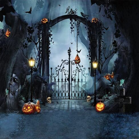 LYCGS 7X5FT Halloween Backdrop Horror Forest Night Halloween Backdrop for Photography Scary Pumpkin Lantern Tombstone Skull Photography Background Costume Ball Halloween Carnival Background X-58 in Saudi Arabia