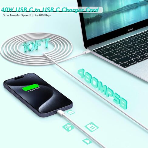 70 واط لشاحن MacBook السريع مع سلك شاحن طويل 140 واط USB C إلى USB C، محول طاقة شاحن MacBook USB C + سلك شاحن USB C 10FT لجهاز MacBook Air/MacBook Pro 13 بوصة/14 بوصة/15 بوصة/16 ​​بوصة، آي باد in Kuwait