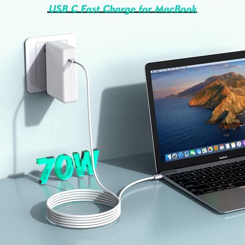 70 واط لشاحن MacBook السريع مع سلك شاحن طويل 140 واط USB C إلى USB C، محول طاقة شاحن MacBook USB C + سلك شاحن USB C 10FT لجهاز MacBook Air/MacBook Pro 13 بوصة/14 بوصة/15 بوصة/16 ​​بوصة، آي باد in Kuwait