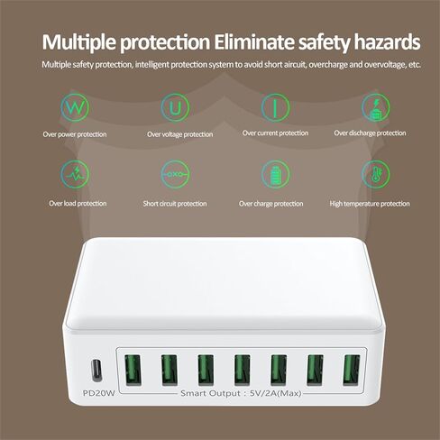 محطة شحن USB 8 منافذ سريعة 20 وات PD محطة شحن متعددة USB مزود طاقة ذكي للهواتف المحمولة والأجهزة اللوحية وما إلى ذلك in Saudi Arabia