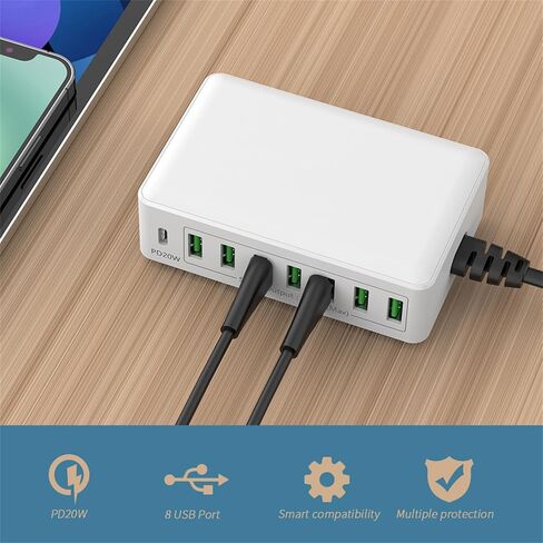 محطة شحن USB 8 منافذ سريعة 20 وات PD محطة شحن متعددة USB مزود طاقة ذكي للهواتف المحمولة والأجهزة اللوحية وما إلى ذلك in Saudi Arabia
