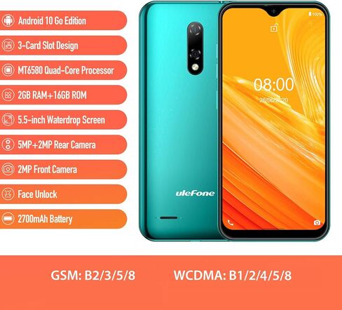هاتف ذكي Ulefone غير مقفل، هواتف Note 8 Android غير مقفلة 2 جيجابايت + 16 جيجابايت، كاميرا خلفية مزدوجة فتحات ثلاثية للبطاقات، 5.5 بوصة IPS شاشة كاملة 3G هاتف خلوي ثنائي الشريحة مفتوح، 2700 مللي أمبير في الساعة، التعرف على الوجه - أخضر in Saudi Arabia