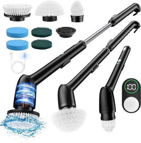 LyriFine Electric Spin Scrubber with LED Display, LY7 Pro New Full-Body IPX7 Waterproof Bathroom Cleaning Brush, 7 Brush Heads Shower Scrubber with Long Handle, Dual Speed for Bathtub Tile Floor in Saudi Arabia