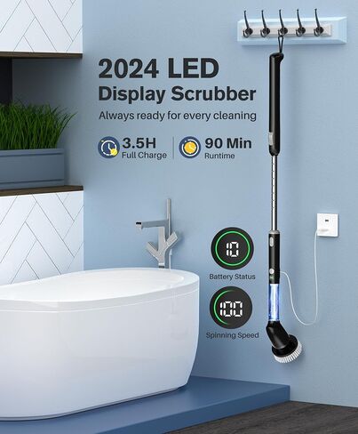 LyriFine Electric Spin Scrubber with LED Display, LY7 Pro New Full-Body IPX7 Waterproof Bathroom Cleaning Brush, 7 Brush Heads Shower Scrubber with Long Handle, Dual Speed for Bathtub Tile Floor in Saudi Arabia
