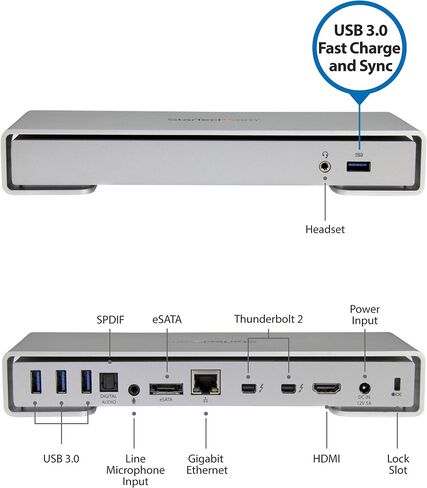StarTech.com Thunderbolt 2 Dock - 4K - Laptop Docking Station - Thunderbolt to HDMI / USB 3.0 / Gigabit Ethernet / eSATA (TB2DOCK4KDHC),Silver in Saudi Arabia