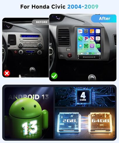 راديو ستيريو سيارة 9.7 بوصة لسيارة Honda Civic 2004 2005 2006 2007 2008 2009 2G+64G، CarPlay/Android Auto، وحدة رأس شاشة تعمل باللمس Android 13، GPS Navi/WiFi/Bluetooth/SWC+HD كاميرا احتياطية in Saudi Arabia