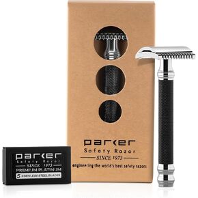 Parker 26C –Black Handle Three Piece Open Comb Double Edge Safety Razor & 5 Premium Platinum Double Edge Razor Blades