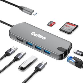 USB-C Hub(8in1) Laptop Docking Station, 4K 60Hz HDMI USB C to USB Adapter, Ethernet USB C Hub Multiport Adapter, 100W Power Delivery, SD Card Reader for MacBook Pro, XPS and More