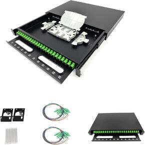 FYBOPTWU-24 Singlemode 24 Port SC-APC Fiber Optic Rack Mount Enclosure Box with Pigtails & Couplers, 24 Core LGX Loaded Patch Panel Box (Drawer Type Design) fits for 19" Racks Cabinet