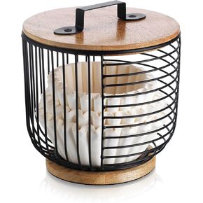 MosJos Coffee Filter Holder for Counter with Wooden Lid - Round Black Wire Coffee Pod Storage Container Basket for Kitchen Countertop Organization - Coffee Bar Accessories