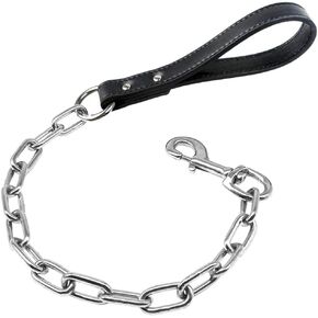 28 inch Length Heavy Duty Dog Chain Lead Leash Leather Handle for Large & Medium Size Dogs Walking,Traffic Training and Traveling (White)