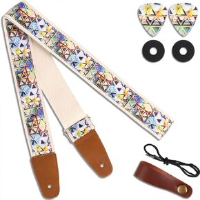 Guitar Strap, Bass Strap, Jacquard Embroidery Cotton Guitar Straps, First Layer Vegetable Tanned Cowhide Ends, for Acoustic Guitars, Bass, Electric, Best Gift for Guitarist