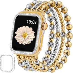 Beaded Bracelet with Bumper Bling Case for Apple Watch Series 9 8 7 6 5 4 3 2 1 SE for Women,Fashion Cute Handmade Elastic Stretch Strap for iWatch Bands 38mm 40mm 41mm 42mm 44mm 45mm
