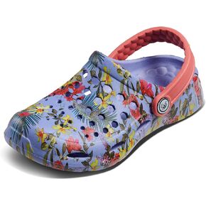 Joybees Kids Active Clog, Slip-On, Easy to Clean, Graphic Blue Iris Tropical Floral, Children's 8/9