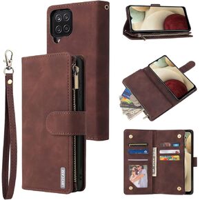 LBYZCASE Phone Case for Galaxy A12,Samsung A12 Wallet Case,Luxury Folio Flip Leather Cover[Zipper Pocket][Wrist Strap][Kickstand] for Samsung Galaxy A12 (Black)