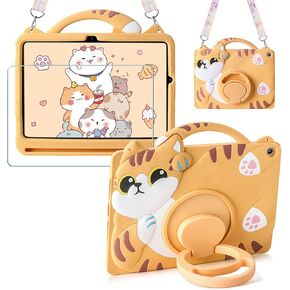 for Samsung Galaxy Tab A9 Plus 11 Inch Case Kids Girls for Samsung Tablet Cases with Screen Protector Rotating Stand Lanyard Soft Silicon Cute Cat Cover for Samsung Tab A9+ Case 11 Inch