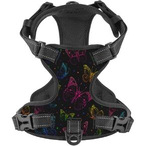 No Pull Dog Harness for Medium Dogs Easy Walk Dog Vest Adjustable Collars Harnesses & Leashes Set Breathable Oxford Outdoor Walking Safety Reflective Strip Neon Pink Blue Purple Butterfly Prints