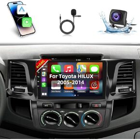 4+64G Android Car Stereo for Toyota HILUX 2005-2014 - 9 Inch HD Touchscreen Radio with Wireless Carplay & Android Auto - 32 EQ/WiFi/GPS/SWC + AHD Rear View Camera, MIC