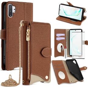 Phone Case for Samsung Galaxy Note 10 Plus Note10+ 5G Wallet Cover with Screen Protector and Mirror Flip Cover Card Holder Slot Stand Crossbody Strap Cell Note10 + Notes 10+ Ten Not S10 10Plus Pink