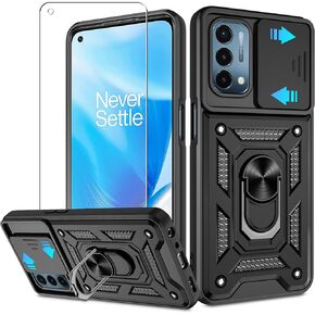 for OnePlus Nord N200 5G Case with HD Screen Protector with Slide Camera Cover, Atump 360° Rotation Ring Kickstand [Military Grade] Shockproof Protective Case for OnePlus Nord N200 5G,Black