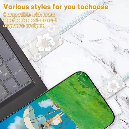 واقي كابل زهور على شكل زهرة لغطاء شاحن iPhone مع نمط كاميليا جميل للنساء والفتيات، حامي سلك الشحن، كابل بيانات شاحن الهاتف لهاتف iPhone X 15 14 13 12 11 Pro Max-White in Kuwait