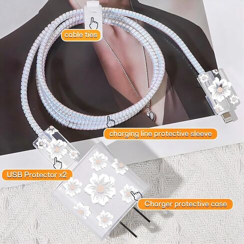 واقي كابل زهور على شكل زهرة لغطاء شاحن iPhone مع نمط كاميليا جميل للنساء والفتيات، حامي سلك الشحن، كابل بيانات شاحن الهاتف لهاتف iPhone X 15 14 13 12 11 Pro Max-White in Kuwait