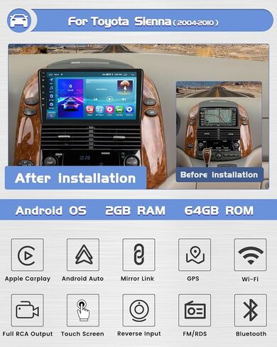 Roinvou [2G+64G] Car Radio for Toyota Sienna 2004-2010 with Wireless Carplay/Android Auto, 9 Inch Android 13 IPS Touch Screen Car Stereo, Bluetooth, GPS Navi, WiFi, SWC, 28UI, DSP + Backup Camera in Saudi Arabia