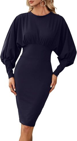 فستان OPOIPIN نسائي طويل الأكمام مرن عالي الخصر رسمي Bodycon قلم رصاص متوسط ​​الطول in Saudi Arabia