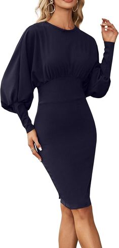 فستان OPOIPIN نسائي طويل الأكمام مرن عالي الخصر رسمي Bodycon قلم رصاص متوسط ​​الطول in Saudi Arabia