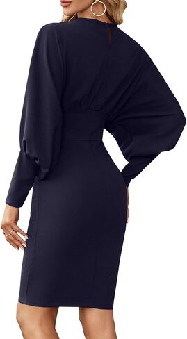 فستان OPOIPIN نسائي طويل الأكمام مرن عالي الخصر رسمي Bodycon قلم رصاص متوسط ​​الطول in Saudi Arabia