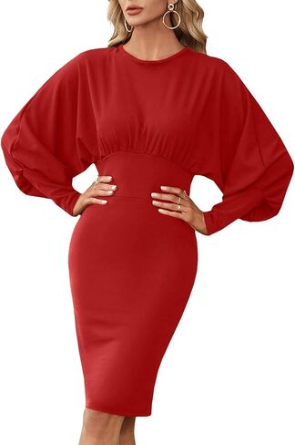 OPOIPIN Women's Lantern Long Sleeve Elastic High Wasit Formal Bodycon Pencil Midi Dress in Kuwait