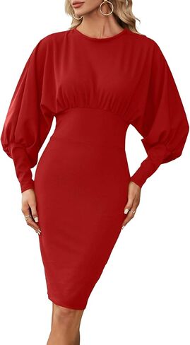 OPOIPIN Women's Lantern Long Sleeve Elastic High Wasit Formal Bodycon Pencil Midi Dress in Kuwait