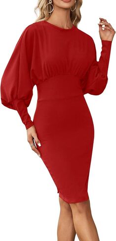 OPOIPIN Women's Lantern Long Sleeve Elastic High Wasit Formal Bodycon Pencil Midi Dress in Kuwait