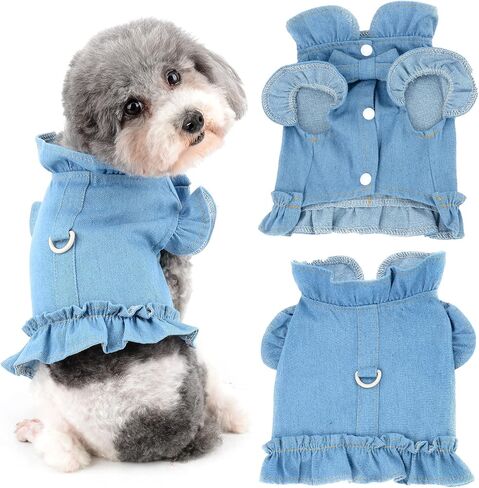 Ranphy Small Dog Harness Girl Dress Pet Vest Harnesses Puppy Denim Shirt Doggie Cat Summer Outfit with Ruffles Breathable Doggy Sundress Chihuahua Yorkshire Terrier Apparel in Saudi Arabia