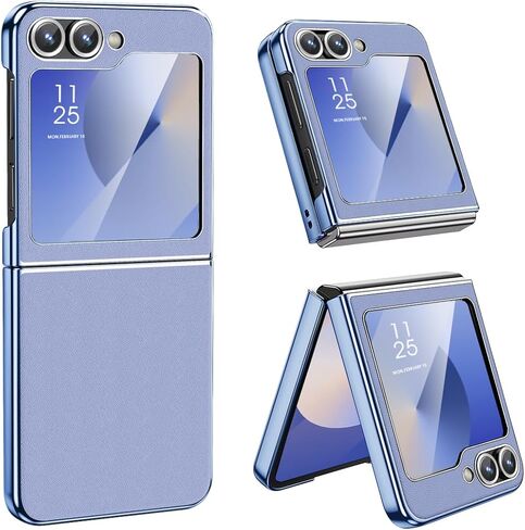 حافظة هاتف MATEPROX لهاتف Samsung Galaxy Z Flip 6، حافظة هاتف واقية رفيعة وخفيفة الوزن مع ظهر جلدي غير قابل للانزلاق مع إطار مطلي بالكهرباء لهاتف Samsung Galaxy Z Flip6 5G- أزرق فاتح in Kuwait