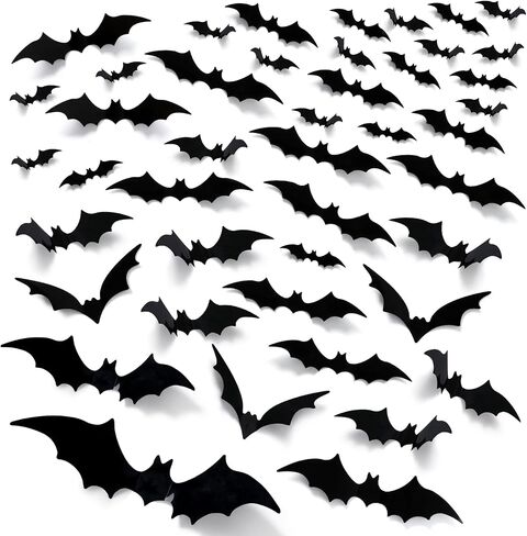 EkkoVla Bats Wall Decor, 100Pcs 3D Bat Halloween Decorations, 6 Different Sizes PVC Black Bat Sticker for DIY Home Decor, Indoor Hallowmas Party Supplies in Kuwait