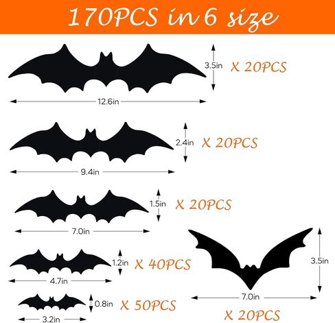 EkkoVla Bats Wall Decor, 100Pcs 3D Bat Halloween Decorations, 6 Different Sizes PVC Black Bat Sticker for DIY Home Decor, Indoor Hallowmas Party Supplies in Kuwait