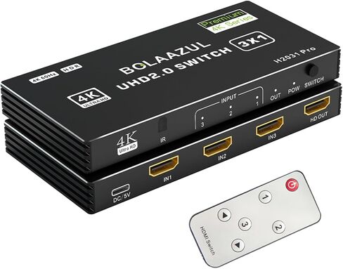 محول HDMI 3 في 1 خارج 4K@60 هرتز، BolAAzuL HDMI إلى HDMI Port Expander HDMI Hub محدد محول فيديو مع جهاز تحكم عن بعد لـ 3 مدخلات، يدعم 3D، HDCP2.2، HDR لـ PS5/PS4Pro/PS4، Xbox Series X/S، Apple TV in Kuwait