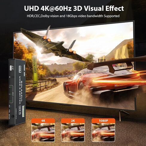 محول HDMI 3 في 1 خارج 4K@60 هرتز، BolAAzuL HDMI إلى HDMI Port Expander HDMI Hub محدد محول فيديو مع جهاز تحكم عن بعد لـ 3 مدخلات، يدعم 3D، HDCP2.2، HDR لـ PS5/PS4Pro/PS4، Xbox Series X/S، Apple TV in Kuwait