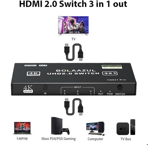 محول HDMI 3 في 1 خارج 4K@60 هرتز، BolAAzuL HDMI إلى HDMI Port Expander HDMI Hub محدد محول فيديو مع جهاز تحكم عن بعد لـ 3 مدخلات، يدعم 3D، HDCP2.2، HDR لـ PS5/PS4Pro/PS4، Xbox Series X/S، Apple TV in Kuwait