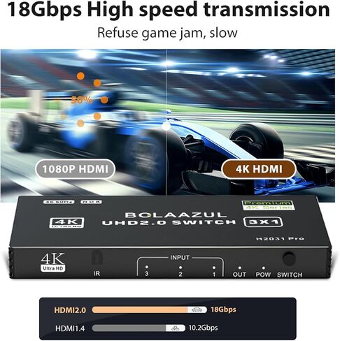 محول HDMI 3 في 1 خارج 4K@60 هرتز، BolAAzuL HDMI إلى HDMI Port Expander HDMI Hub محدد محول فيديو مع جهاز تحكم عن بعد لـ 3 مدخلات، يدعم 3D، HDCP2.2، HDR لـ PS5/PS4Pro/PS4، Xbox Series X/S، Apple TV in Kuwait
