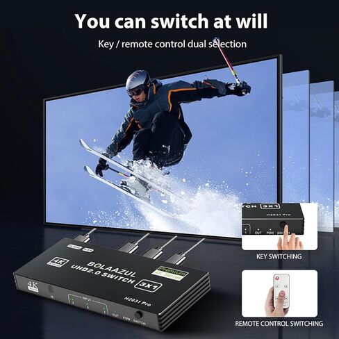 محول HDMI 3 في 1 خارج 4K@60 هرتز، BolAAzuL HDMI إلى HDMI Port Expander HDMI Hub محدد محول فيديو مع جهاز تحكم عن بعد لـ 3 مدخلات، يدعم 3D، HDCP2.2، HDR لـ PS5/PS4Pro/PS4، Xbox Series X/S، Apple TV in Kuwait