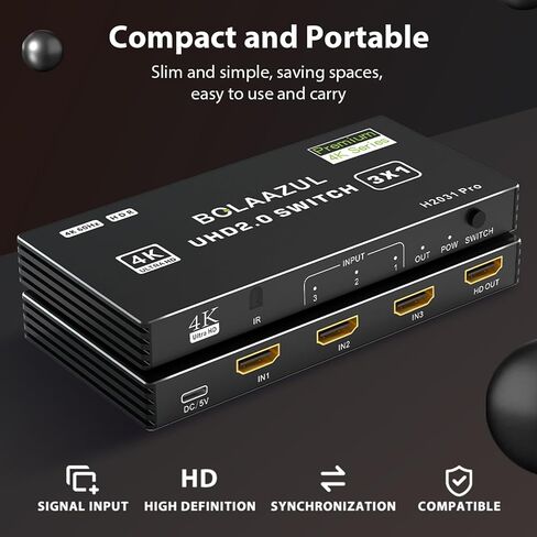 محول HDMI 3 في 1 خارج 4K@60 هرتز، BolAAzuL HDMI إلى HDMI Port Expander HDMI Hub محدد محول فيديو مع جهاز تحكم عن بعد لـ 3 مدخلات، يدعم 3D، HDCP2.2، HDR لـ PS5/PS4Pro/PS4، Xbox Series X/S، Apple TV in Kuwait