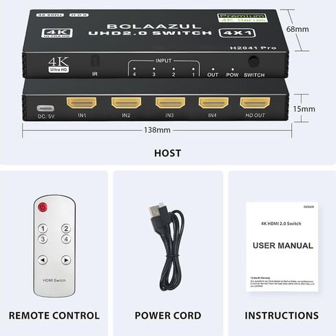 HDMI Switch 3 in 1 Out 4K@60Hz, BolAAzuL HDMI to HDMI Port Expander HDMI Hub Video Switcher Selector with Remote for 3 Inputs, Support 3D, HDCP2.2, HDR for PS5/PS4Pro/PS4,Xbox Series X/S,Apple TV in Saudi Arabia