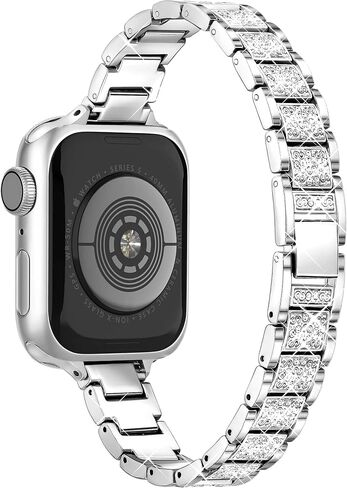Thin Bling Band Compatible with Apple Watch Bands for Women 40mm 41mm 38mm, Metal Bracelet iWatch Bands for Women, Slim Dressy Band for Apple Watch Series 9 Band SE 8 7 6 5 4 3 2 1-Sliver in Saudi Arabia