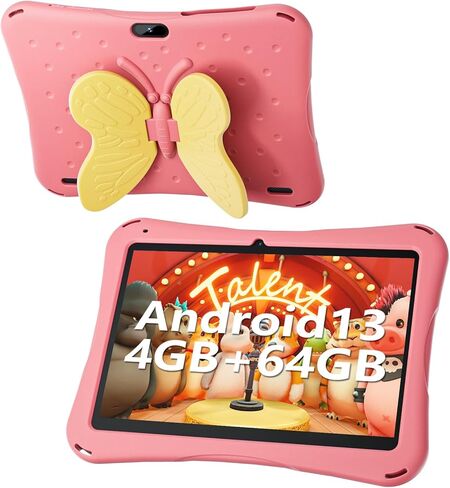 تابلت 10 بوصة للأطفال، تابلت أندرويد 13 للأطفال مع حافظة للأطفال، ذاكرة وصول عشوائي 4 جيجابايت وذاكرة قراءة فقط 64 جيجابايت، 5000 مللي أمبير، كاميرا مزدوجة، شاشة 1280 * 800، واي فاي، كيدوز مثبت مسبقًا، مقبض فراشة (وردي) in Kuwait